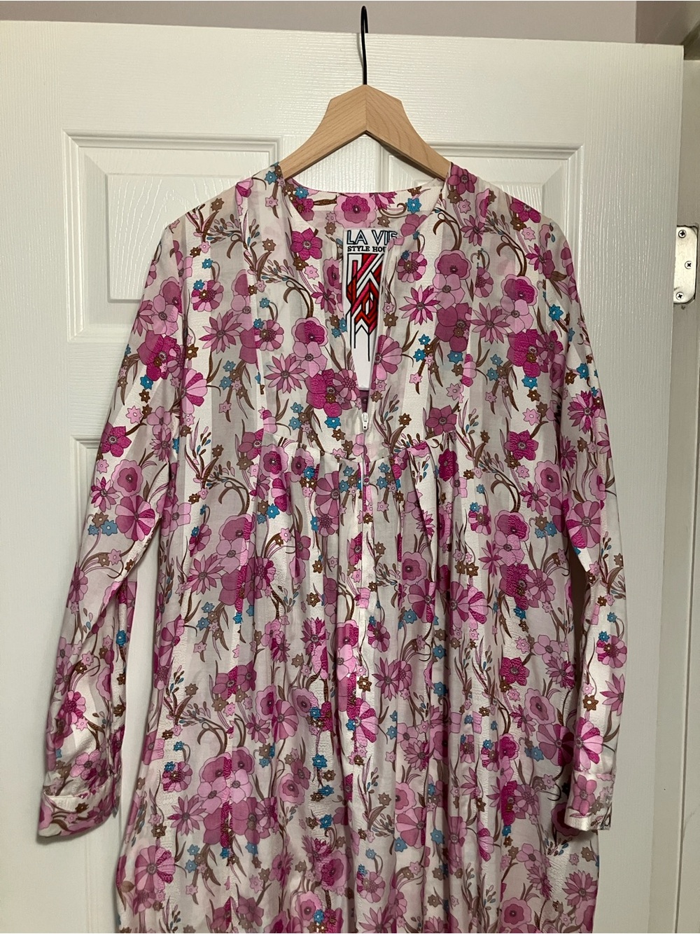 La Vie Style House Floral Zip Front Long Caftan Tunic Dress One Size